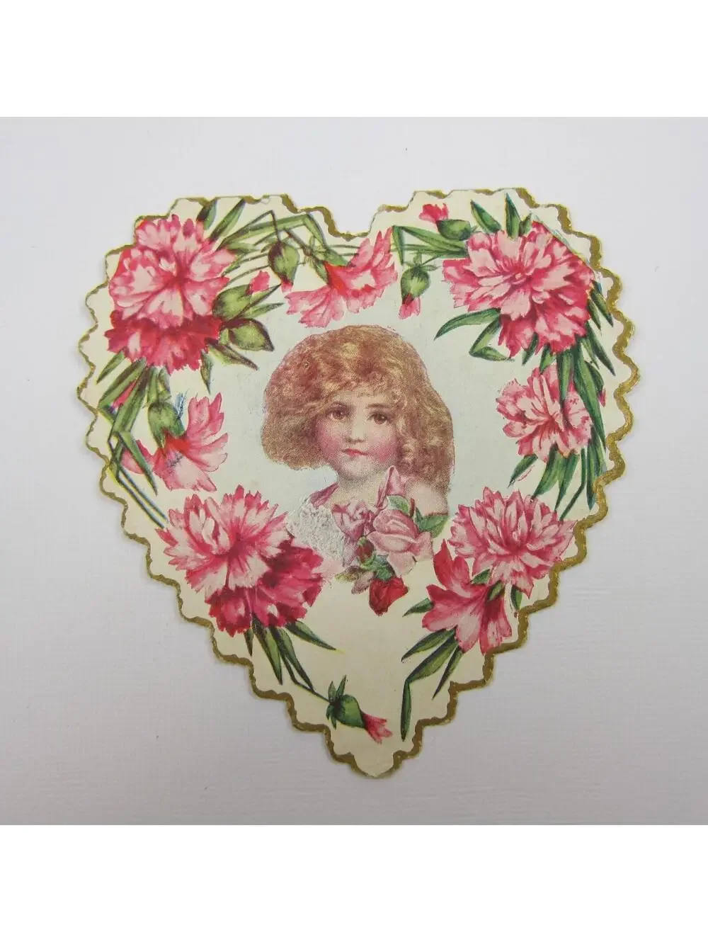 Valentine Card Girl Pink Carnation Flowers Heart Embossed Die cut Bifold Antique